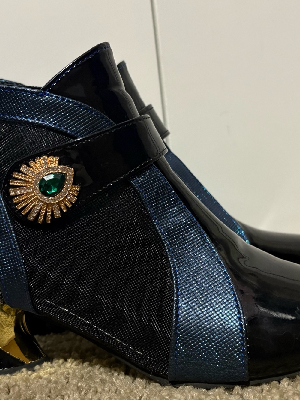 Women's Navy Patent Ankle Boots with Emerald Accent